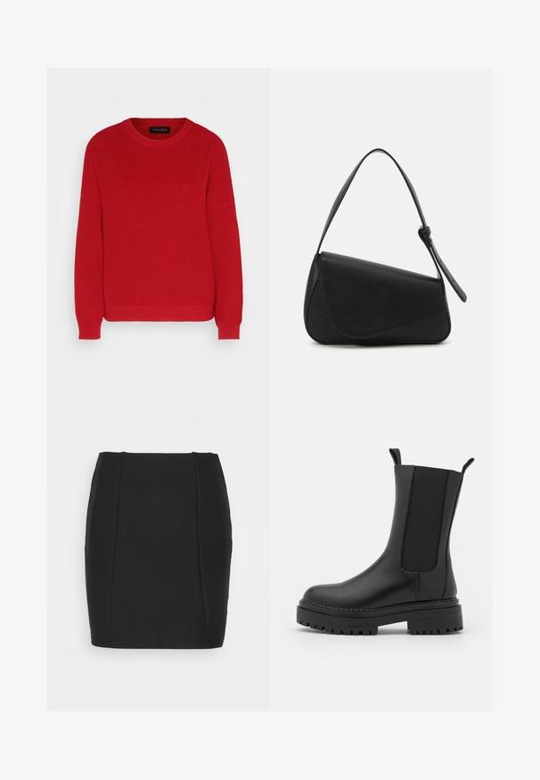 Suéter de punto rojo con un escote redondo, textura acanalada y mangas ligeramente oversize. Presenta un dobladillo recto y una tela duradera.; Noisy May NMKARLIE A-SHAPE TWILL - Minifalda - black; RAID CHERISH - Botas con plataforma - black; Bolso de mano de cuero negro con forma triangular, tapa en ángulo y un asa superior redondeada. Presenta una textura suave y detalles de diseño minimalistas.