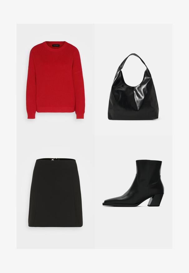 Suéter de punto rojo con un escote redondo, textura acanalada y mangas ligeramente oversize. Presenta un dobladillo recto y una tela duradera.; Selected Mini Tailored - Falda acampanada - black; Bota de tobillo de cuero negro con punta afilada, una silueta elegante y un tacón cuadrado grueso. Textura suave con detalles de costura mínimos.; Bolso hobo de cuero negro con una textura suave y brillante y un diseño de parte superior redondeada y abierta. Cuenta con una amplia correa curvada para llevar. Sin hardware visible.