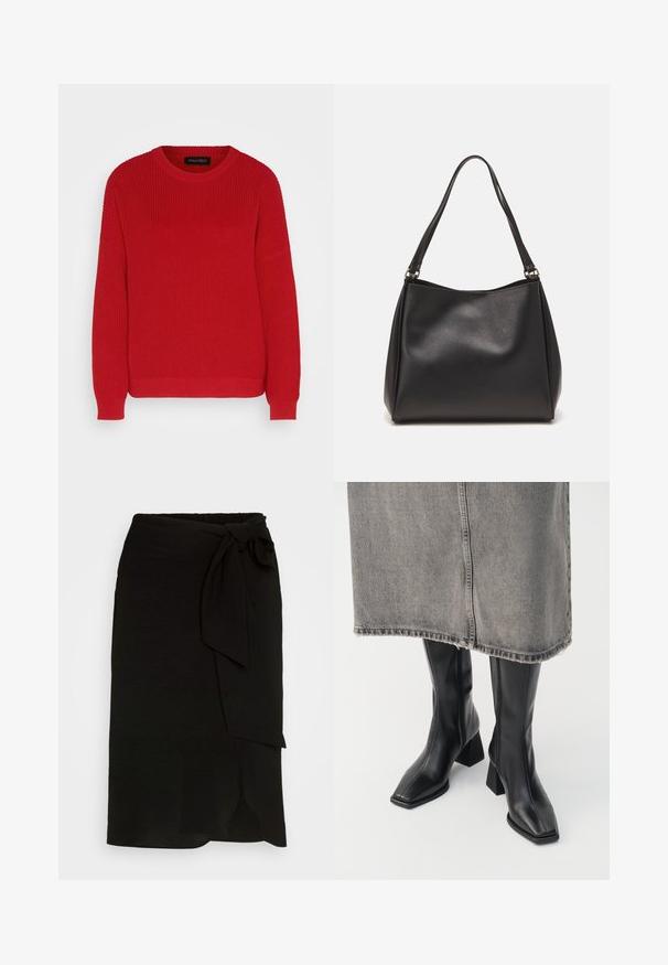 Pull en tricot rouge avec un col ras du cou, une texture côtelée et des manches légèrement oversize. Présente un ourlet droit et un tissu durable.; Jupe portefeuille noire en tissu texturé, dotée d'un lien sur le côté, d'un design droit et d'une fente à l'ourlet.; Bottes noires montantes en cuir lisse avec un bout carré et un talon bloc. Portées avec une jupe en denim grise à l'ourlet effiloché.; Sac à main en cuir synthétique noir avec une texture douce, forme hobo et doubles poignées; présente une finition brillante et un design minimaliste.