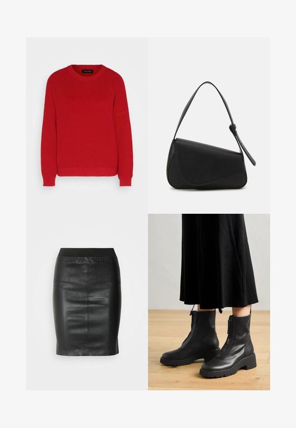 Pull en tricot rouge avec un col ras du cou, une texture côtelée et des manches légèrement oversize. Présente un ourlet droit et un tissu durable.; Jupe crayon noire en cuir lisse, dotée d'une taille élastique pour une silhouette ajustée et un design minimaliste.; Bottines en cuir noir avec une semelle plateforme épaisse et une fermeture éclair à l'avant. Texture lisse avec un design minimaliste.; Sac à main en cuir noir de forme triangulaire, avec un rabat incliné et une poignée supérieure arrondie. Il présente une texture lisse et des détails de design minimalistes.