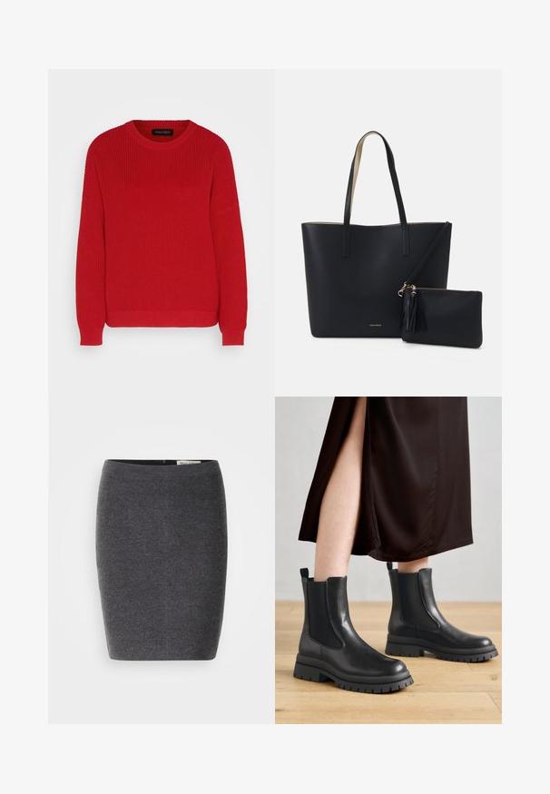 Rød strikket sweater med rund hals, ribbet tekstur og let oversized ærmer. Har en lige søm og slidstærkt stof.; Grå uld blyantskirt med en glat tekstur og tætsiddende design, med en diskret talje og uden synlige udsmykninger.; Sorte læderankelstøvler med elastiske sidepaneler, chunky gummisåler og hæltrækstropper; kombineret med en mørkebrun midikjole.; Sort tote taske med struktureret materiale, to lange håndtag og en aftagelig lynlåspose med en frynse-detalje. Guld mærkelogo synligt.