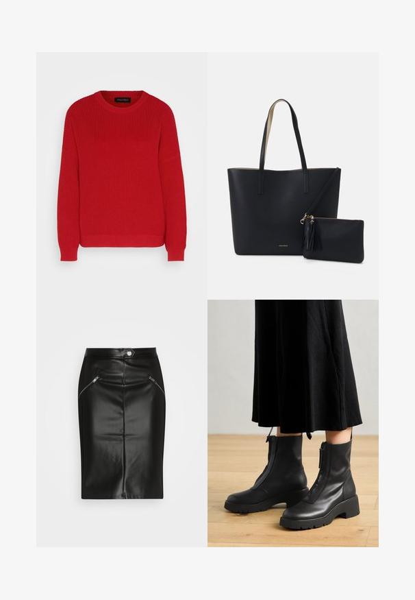 Pull en tricot rouge avec un col ras du cou, une texture côtelée et des manches légèrement oversize. Présente un ourlet droit et un tissu durable.; Jupe crayon en cuir noir avec une texture lisse, dotée de deux poches zippées à l'avant et d'une silhouette ajustée.; Bottines en cuir noir avec une semelle plateforme épaisse et une fermeture éclair à l'avant. Texture lisse avec un design minimaliste.; Sac fourre-tout noir avec un matériau texturé, deux longues anses et une pochette zippée amovible avec un détail de pompon. Logo de la marque en orvisible.