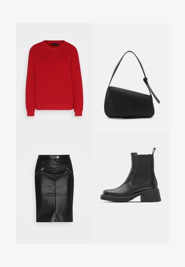 Rød strikket sweater med rund hals, ribbet tekstur og let oversized ærmer. Har en lige søm og slidstærkt stof.; Sort læder blyantsskirt med en glat tekstur, der har to lynlåslommer foran og en tætsiddende silhuet.; Sorte læder ankelstøvler med elastiske sidepaneler, afrundet tå og en kraftig blokhæl. Glat tekstur med et minimalistisk design.; Sort læderhåndtaske med en triangular form, skrå klap og et rundt håndtag. Har en glat overflade og minimalistiske design detaljer.