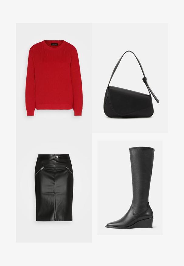 Pull en tricot rouge avec un col ras du cou, une texture côtelée et des manches légèrement oversize. Présente un ourlet droit et un tissu durable.; Jupe crayon en cuir noir avec une texture lisse, dotée de deux poches zippées à l'avant et d'une silhouette ajustée.; Bottes en cuir noir hautes jusqu'aux genoux avec une texture lisse, bout pointu et talon compensé ; présentent un bord cousu en haut.; Sac à main en cuir noir de forme triangulaire, avec un rabat incliné et une poignée supérieure arrondie. Il présente une texture lisse et des détails de design minimalistes.