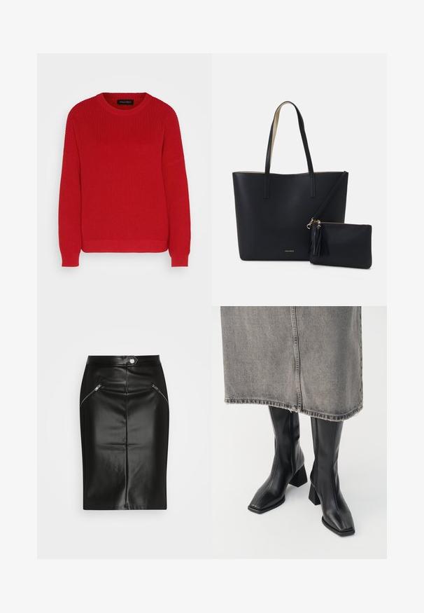 Pull en tricot rouge avec un col ras du cou, une texture côtelée et des manches légèrement oversize. Présente un ourlet droit et un tissu durable.; Jupe crayon en cuir noir avec une texture lisse, dotée de deux poches zippées à l'avant et d'une silhouette ajustée.; Bottes noires montantes en cuir lisse avec un bout carré et un talon bloc. Portées avec une jupe en denim grise à l'ourlet effiloché.; Sac fourre-tout noir avec un matériau texturé, deux longues anses et une pochette zippée amovible avec un détail de pompon. Logo de la marque en orvisible.