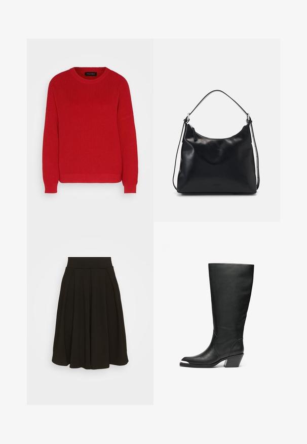 Suéter de punto rojo con un escote redondo, textura acanalada y mangas ligeramente oversize. Presenta un dobladillo recto y una tela duradera.; Falda negra con pliegues y una amplia cinturilla elástica. Fabricada en un tejido suave, presenta un largo hasta la rodilla y una textura lisa.; Botas altas de cuero negro con punta cerrada y diseño con recortes. Presentan un tacón ancho y una textura suave. Detalles en los paneles laterales destacados.; Mujer joven con cabello negro largo sentada sobre un bloque de madera, vistiendo un atuendo crema y sosteniendo un bolso de hombro de cuero negro cruzado sobre el pecho.