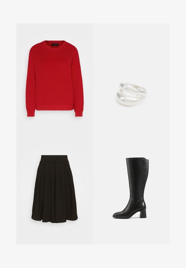 Rød strikket sweater med rund hals, ribbet tekstur og let oversized ærmer. Har en lige søm og slidstærkt stof.; Sort plisseret nederdel med en bred, elastisk talje. Fremstillet af et blødt stof, med en knælang kant og glat tekstur.; Sort knæhøj læderstøvle med blokhæl og rundet tå, vist fra siden på en ensfarvet baggrund.; Sølvring med dobbeltbånd og en glat, poleret overflade. Den har et flydende, buet design med overlappende sektioner for et moderne udtryk.