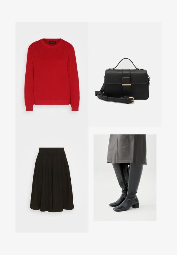 Rød strikket sweater med rund hals, ribbet tekstur og let oversized ærmer. Har en lige søm og slidstærkt stof.; Sort plisseret nederdel med en bred, elastisk talje. Fremstillet af et blødt stof, med en knælang kant og glat tekstur.; Knæhøje sorte læderstøvler med firkantet tå, skråt stillet blokhæl og en sidesyning; glat tekstur og tætsiddende design.; Sort læderhåndtaske med gyldne metalaccenter, rektangulær form, flaplukning, justerbar skulderrem, glat tekstur, minimalistisk design.
