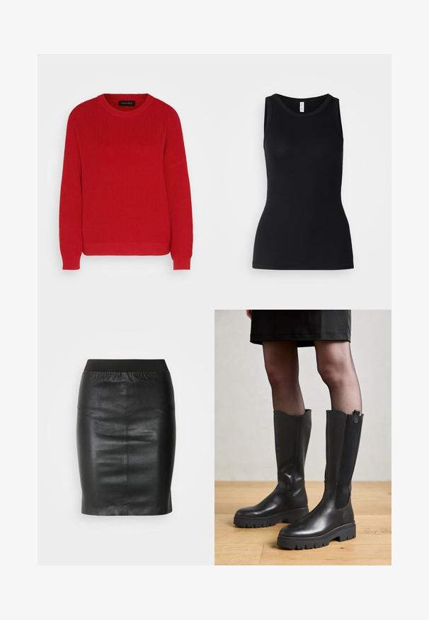 Rød strikket sweater med rund hals, ribbet tekstur og let oversized ærmer. Har en lige søm og slidstærkt stof.; Sort ærmeløs tanktop lavet af ribbet stof, med rund halsudskæring og tætsiddende design, med en glat overflade og uden mønstre.; Sort pencilsyning lavet af glat læder, med en elastisk talje for en tætsiddende silhuet og minimalistisk design.; Sorte knæhøje støvler med en glat læderoverflade, elastiske sidedele og en kraftig gummisål med et struktureret mønster.