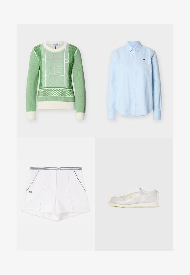 Pull vert et blanc à manches longues en tricot avec motifs géométriques texturés, poignets et ourlet côtelés, logo Lacoste sur la poitrine.; Chemise bleu clair à manches longues, boutonnée, avec col et petit logo de crocodile vert sur le côté gauche de la poitrine.; Short blanc sur mesure avec coutures verticales, ceinture rayée, poches avant avec passepoil noir et petit logo crocodile vert sur le côté gauche.; Sneaker en cuir blanc avec semelle beige, lacets blancs et un petit logo crocodile jaune sur le côté.