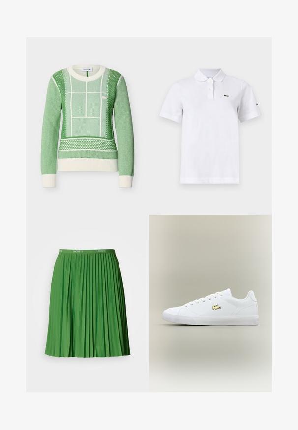 Pull vert et blanc à manches longues en tricot avec motifs géométriques texturés, poignets et ourlet côtelés, logo Lacoste sur la poitrine.; Polo blanc à manches courtes avec deux boutons, un petit logo crocodile vert sur la poitrine gauche et un logo noir discret sur la manche gauche.; Jupe plissée verte avec une taille élastique arborant le logo Lacoste. Fabriquée en matériau lisse, elle présente des plis verticaux distincts et une coupe à hauteur du genou.; Baskets blanches en cuir lisse avec un embout arrondi, des lacets plats et un petit logo doré. Présente une semelle en caoutchouc texturée et un design sobre.