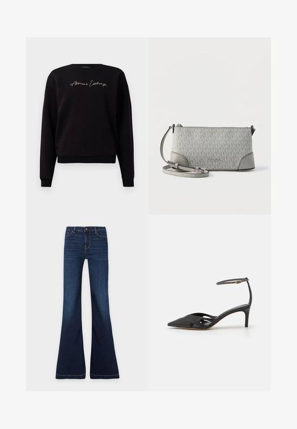 Čierna mikina vyrobená zo zmesi bavlny, s dlhými rukávmi, kulatým výstrihom a zlatým vyšívaním "Armani Exchange" na prednej strane.; Tmavomodré rifle z denimu s vysokým pásom, zapínaním na gombík a zips, prednými a zadnými vreckami a rozšíreným strihom nohavíc.; Čierna kožená topánka na vysokom opätku s špicatou špičkou, otvorenými stranami a tenkým remienkom okolo členka so zlatým kovovým detailom.; Sivá crossbody taška so vzorom a zapínaním na zips, ozdobená koženými prvkami a odnímateľným popruhom. Nese logo „MICHAEL KORS“.