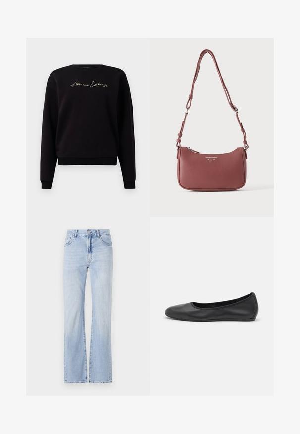 Schwarzer Sweatshirt aus Baumwollmischung, mit langen Ärmeln, Rundhalsausschnitt und goldfarbener "Armani Exchange"-Stickerei auf der Vorderseite.; Hellblaue Jeans im Schlagstil mit fünf Taschen, Gürtelschlaufen und Knopfverschluss. Weicher Stoff mit dezentem Verblassen.; Schwarze Leder-Ballettschuhe mit abgerundeter Spitze, glatter Textur, minimalen Nähdetails und einem flexiblen Sohlen-Design.; Kleine strukturierte mauvefarbene Lederschultertasche mit verstellbarem Riemen und silbernem Reißverschluss, vorne mit Emporio Armani Milano 1981 Logo.