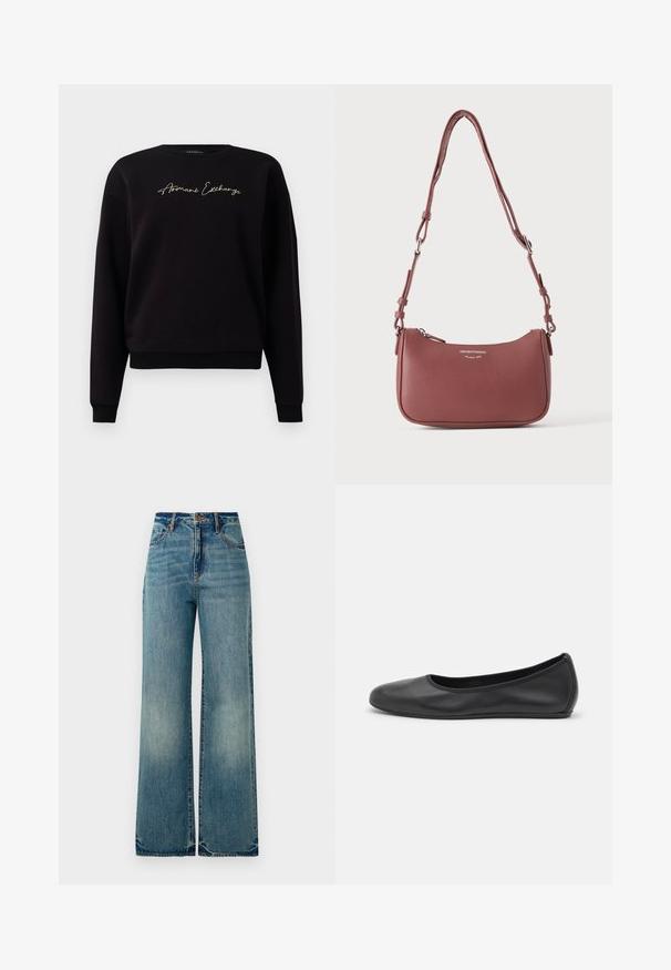 Sort sweatshirt lavet af bomuldsblanding, med lange ærmer, rund halsudskæring og "Armani Exchange" guldbroderi på forsiden.; Lysblå denim vidbenede jeans har en høj talje, fem lommer og let rippede kanter, der viser en tekstureret, falmet finish.; Sort læderballetsko med rund tå, glat tekstur, minimal syning og et fleksibelt såldesign.; Lille tekstureret violet læderskuldertaske med justerbar rem og sølvlynlås, med Emporio Armani Milano 1981-logo på fronten.