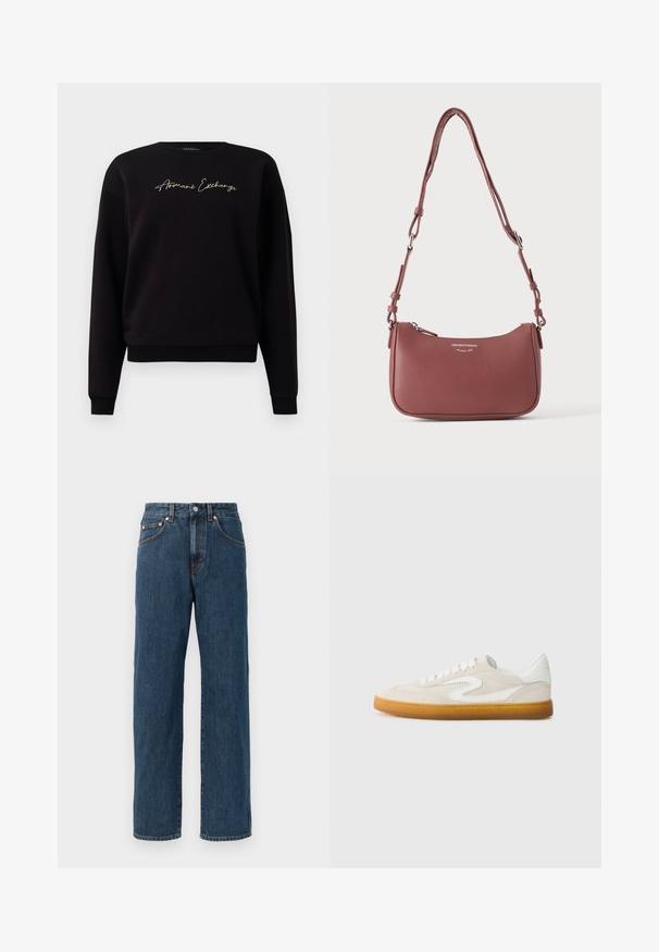 Čierna mikina vyrobená zo zmesi bavlny, s dlhými rukávmi, kulatým výstrihom a zlatým vyšívaním "Armani Exchange" na prednej strane.; Tmavomodré džíny z denimu so strihaťom rovného strihu. Majú päť vreciek, jemné švy a zapínanie na gombík na páse.; Béžové semišové tenisky s bielymi koženými akcentmi, gumenou podrážkou a okrúhlou špičkou. Obsahujú výrazný dizajn vtvare swoosh na boku.; Malá textúrovaná fialová kožená kabelka cez rameno s nastaviteľným popruhom a strieborným zipsom, s logom Emporio Armani Milano 1981 na prednej strane.