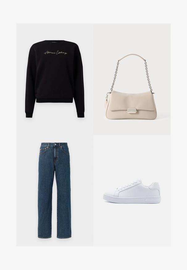 Sort sweatshirt lavet af bomuldsblanding, med lange ærmer, rund halsudskæring og "Armani Exchange" guldbroderi på forsiden.; Mørkeblå denim jeans med lige pasform. Har fem lommer, subtile syninger og en knaplukning i taljen.; Hvide læder low-top sneakers med rund tå, flad gummisål og logo detaljer på siden. Har seks par snørrehuller og teksturerede accenter.; Beige håndtaske med blød, buet form, der har en glat tekstur, en sølvfarvet lukning og en kæderem.