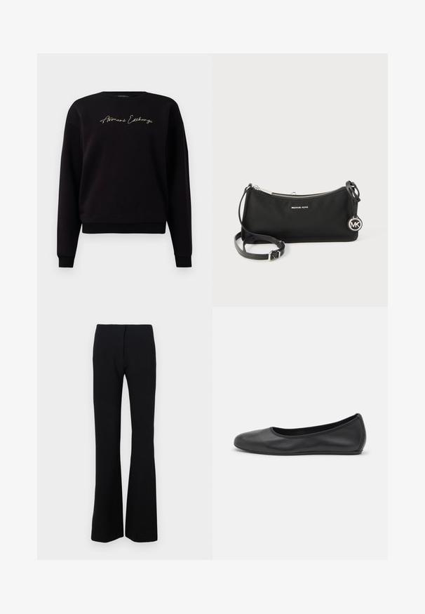 Čierna mikina vyrobená zo zmesi bavlny, s dlhými rukávmi, kulatým výstrihom a zlatým vyšívaním "Armani Exchange" na prednej strane.; Čierne rozšírené nohavice z elastického materiálu s hladkou textúrou a priliehavým pásom. Žiadne viditeľné uzávery ani vzory.; Čierne kožené baleríny s okrúhlou špičkou, hladkým povrchom, minimálnym prešívaním a flexibilným dizajnom podrážky.; Čierna kabelka Michael Kors cez rameno so strieborným zipsom, nastaviteľným popruhom a okrúhlym príveskom s logom MK na bielom pozadí.