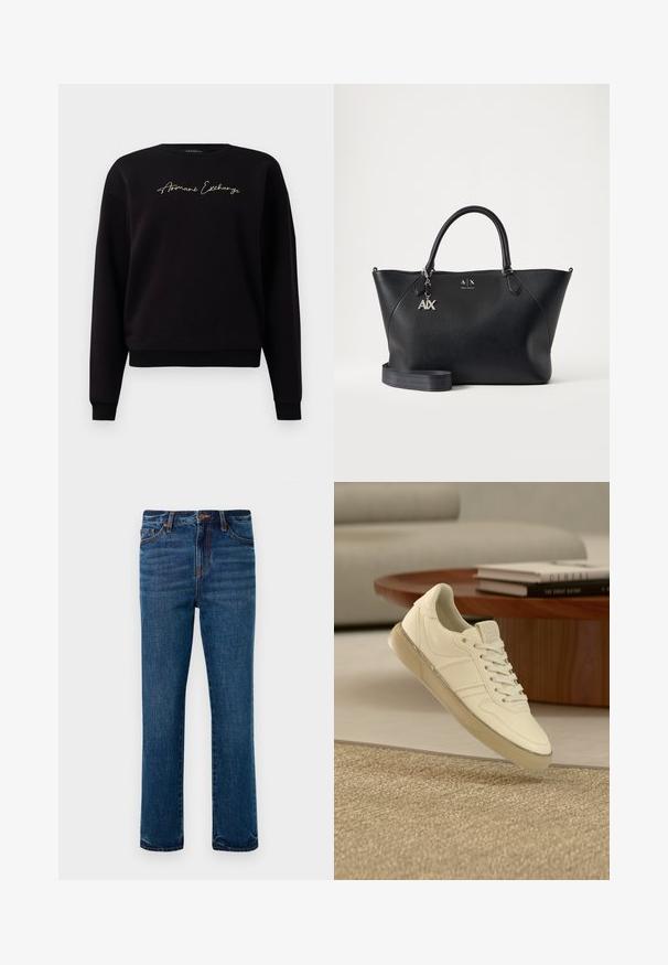 Schwarzer Sweatshirt aus Baumwollmischung, mit langen Ärmeln, Rundhalsausschnitt und goldfarbener "Armani Exchange"-Stickerei auf der Vorderseite.; Dunkelblaue Jeans im gerade geschnittenen Design mit orangen Nähten und einem vorderen Knopfverschluss. Fünf Taschen sind enthalten.; Weißer Leder-Sneaker mit Schnürdesign, strukturierten Akzenten und einer durchscheinenden Gummisohle, präsentiert auf einer gewebten Oberfläche.; Schwarze Lederhandtasche von Armani Exchange mit zwei Henkeln, silbernem A|X-Anhänger und abnehmbarem Schulterriemen vor einfarbig hellem Hintergrund.