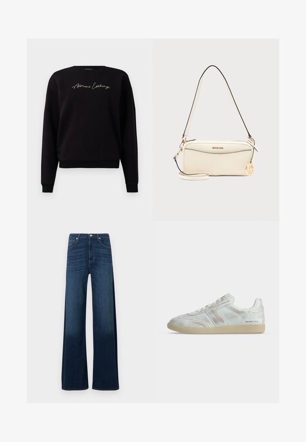 Schwarzer Sweatshirt aus Baumwollmischung, mit langen Ärmeln, Rundhalsausschnitt und goldfarbener "Armani Exchange"-Stickerei auf der Vorderseite.; Jeans mit weitem Bein aus dunkelblauem Denim. Verfügt über eine hohe Taille, fünf Taschen, dezente Waschungen und Nahtakzente entlang der Nähte.; Weißer Low-Top Sneaker mit beiger Sohle, Schnürvorderseite, subtilen Faltendetails und „MICHAEL KORS“-Logo nahe der Ferse an der Außenseite.; Cremefarbene Michael Kors Schultertasche mit goldenem Logo-Anhänger, Reißverschluss und verstellbarem Riemen vor einfarbigem Hintergrund.