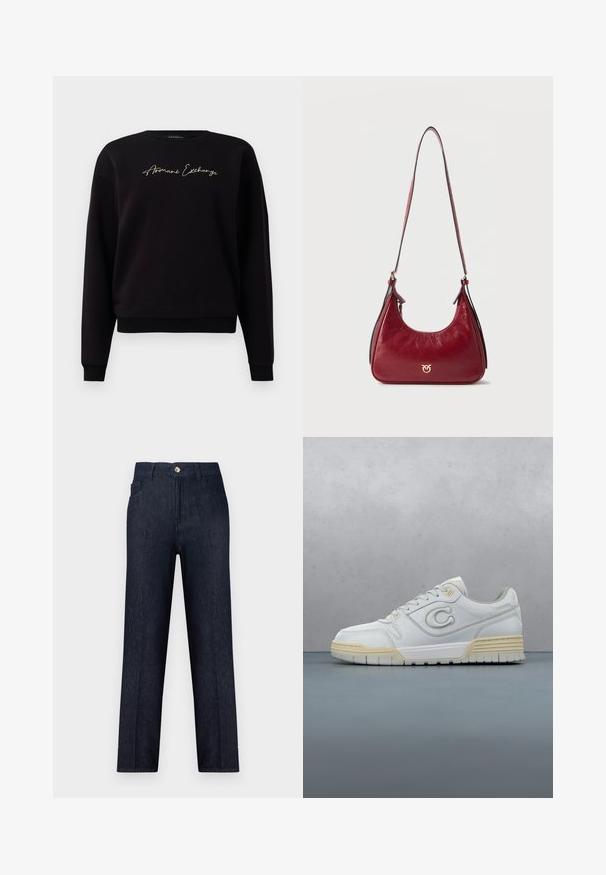 Sort sweatshirt lavet af bomuldsblanding, med lange ærmer, rund halsudskæring og "Armani Exchange" guldbroderi på forsiden.; Mørkeblå denimjeans med lige ben, standard taljebånd, forlommer og en enkelt metalknap i taljen.; Hvid lædersneaker med lav profil, perforeret tå, lyse beige accenter og en tekstureret gummisål, fremvist mod en træoverflade.; Lille skuldertaske i mørkerødt læder med en enkelt rem og en guldfarvet logoemblem midt foran.
