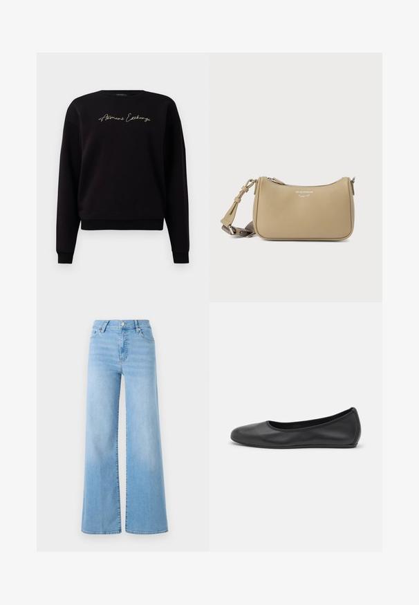 Čierna mikina vyrobená zo zmesi bavlny, s dlhými rukávmi, kulatým výstrihom a zlatým vyšívaním "Armani Exchange" na prednej strane.; FRAME Široké nohavice - blue; Čierne kožené baleríny s okrúhlou špičkou, hladkým povrchom, minimálnym prešívaním a flexibilným dizajnom podrážky.; Béžová kožená kabelka na prehodenie cez rameno s textúrovaným povrchom, uzatváraním na zips a nastaviteľným remienkom. Pri vrchu sa nachádza logo ako ozdoba.