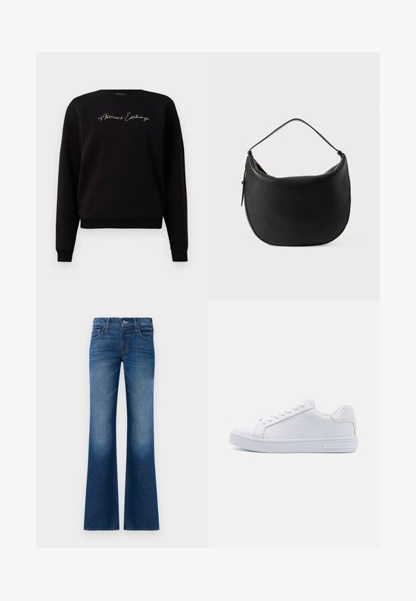 Schwarzer Sweatshirt aus Baumwollmischung, mit langen Ärmeln, Rundhalsausschnitt und goldfarbener "Armani Exchange"-Stickerei auf der Vorderseite.; Ausgestellte Jeans aus dunkelblauem Denim mit glatter Textur, Fünf-Taschen-Design, frontale Knopfverschluss und dezentem Verblassen am Saum.; Weiße Leder Sneaker in niedrigem Schnitt mit runder Zehenpartie, flacher Gummisohle und Logodetail an der Seite. Verfügt über sechs Paar Ösen und strukturierte Akzente.; Schwarze Leder-Schultertasche mit geschwungener Form und einem einzelnen Griff. Die Oberfläche hat eine strukturierte Verarbeitung und einen Reißverschluss.