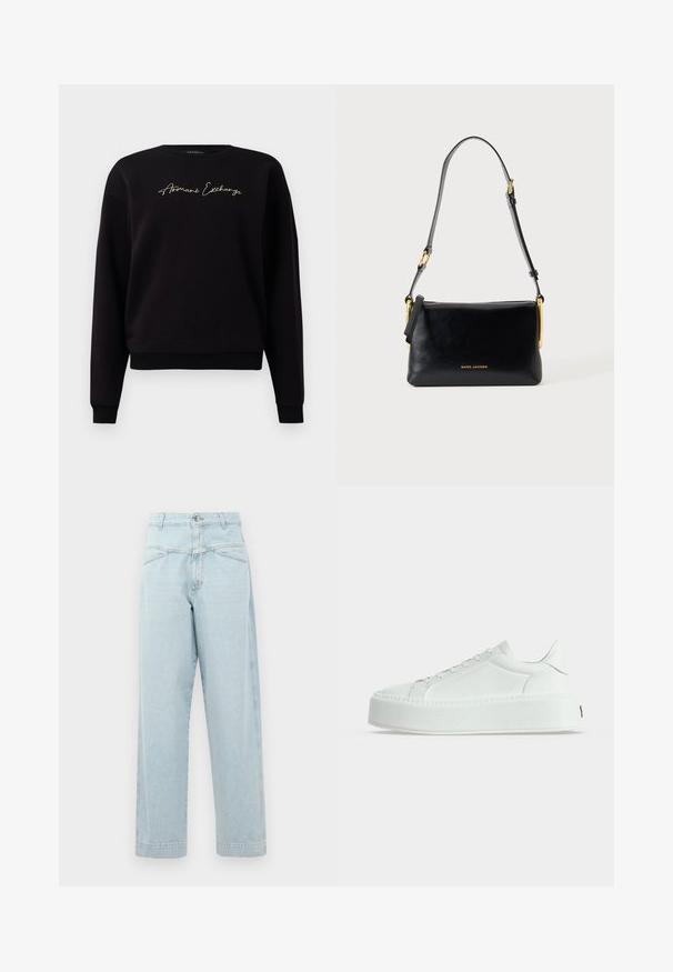 Sort sweatshirt lavet af bomuldsblanding, med lange ærmer, rund halsudskæring og "Armani Exchange" guldbroderi på forsiden.; Lysblå højtaljede jeans med lige ben-design, med diskret syning, to forlommer og metalknaplukning.; Hvid lavtop sneaker med tekstureret læder, tyk platåsål og snørelukning, vist i profil på ensfarvet baggrund.; Sort skuldertaske i læder med justerbar rem og guldfarvede detaljer, med lille gyldent "Marc Jacobs" logo midt foran.