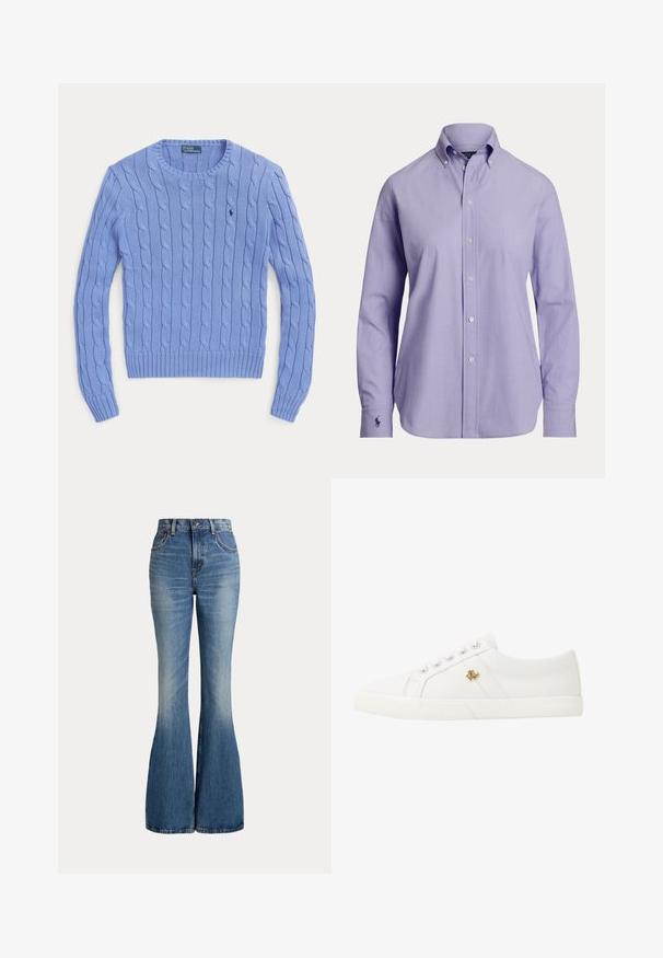Hellblauer Pullover mit Zopfmuster, Rundhalsausschnitt und langen Ärmeln, mit Polo Ralph Lauren-Logo auf der Brust bestickt.; Hellviolettes Herren-Langarmhemd mit Knopfleiste, geknöpftem Kragen und gesticktem Logo auf der linken Manschette.; Hoch taillierte blaue Denim-Jeans mit ausgestellten Beinen und leichtem Verblassen im vorderen Oberschenkelbereich, vor weißem Hintergrund gezeigt.; Lauren Ralph Lauren JANSON II CANVAS SNEAKER - Sneaker low - optic white