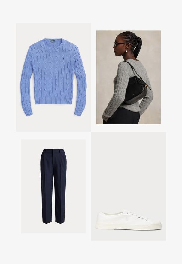 Svetlomodrý sveter s copánkovým vzorom, s okrúhlym výstrihom a dlhými rukávmi, s vyšívaným logom Polo Ralph Lauren na hrudi.; Tmavomodré na mieru šité nohavice s rovnými nohavicami, s hladkou textúrou, prednými záhybmi a pútkami na opasok. Bez viditeľných vreciek.; Biele plátěné tenisky s okrúhlou špičkou, viazaním na šnúrky a diskrétnym logom. Majú štruktúrovanú textíliu a gumovú podrážku.; Žena s vrkočmi a okuliarmi, ktorá má na sebe sivý sveter s vrkočovým vzorom a nosí čiernu koženú kabelku s zlatými kovaniami.