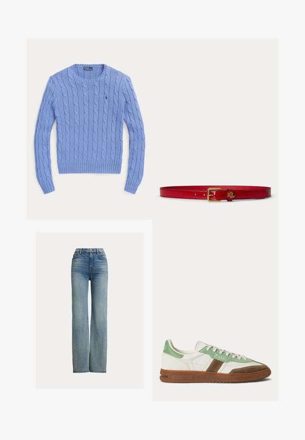 Pull bleu clair en maille torsadée, col rond, manches longues, avec logo Polo Ralph Lauren brodé sur la poitrine.; Jeans bleus taille haute, à jambe droite, avec poches avant, passants de ceinture et fermeture à bouton, présentant des détails légèrement délavés.; Baskets Polo basses en cuir blanc, avec des accents en daim vert, une bande en daim marron et une semelle en gomme.; Ceinture en cuir rouge brillant avec boucle dorée et petit détail doré du logo "RL" sur la boucle, posée à plat sur fond blanc.