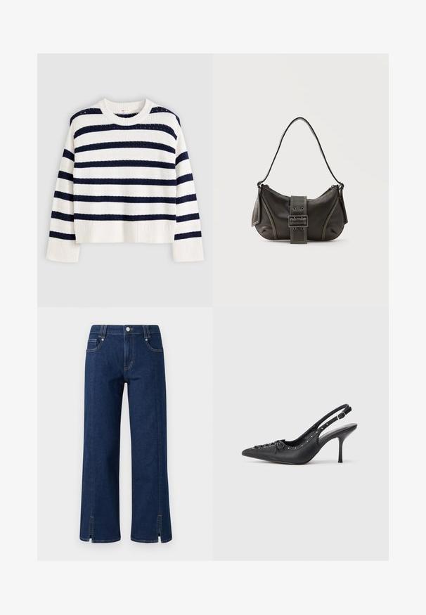 Pull blanc en maille à manches longues avec larges rayures horizontales bleu marine et poignets et ourlet côtelés, posé à plat sur un fond gris.; Jean en denim bleu foncé à jambes larges avec taille haute, dotée de poches latérales, d'une fermeture à bouton à l'avant et d'ourlets fendus pour une touche de détail.; Escarpin en cuir noir à talon aiguille avec un bout pointu, une bride latérale à boucle, des clous le long du bord et un laçage décoratif à l'avant.; Sac à épaule en cuir noir avec une sangle à boucle, des bords arrondis et des coutures blanches contrastées sur un fond uni.