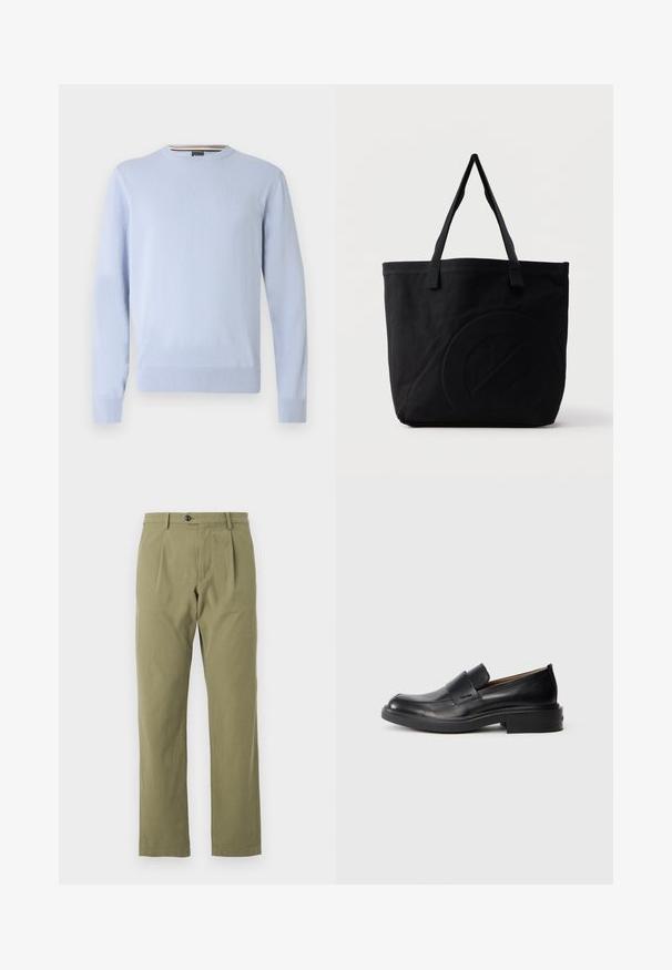 Pull bleu clair, col rond, manches longues, poignets et ourlet côtelés, avec un petit logo sur la poitrine, en tissu tricoté doux.; Pantalon vert olive en tissu mélangé coton, avec une coupe droite décontractée, des plis à l'avant et une fermeture à un bouton à la taille.; Chaussure habillée noire en cuir, à enfiler, avec un petit talon et un logo Calvin Klein discret sur le côté, présentée de profil sur un fond blanc.; Sac fourre-tout en toile noire avec deux bandoulières et un motif circulaire discret en relief sur le devant.
