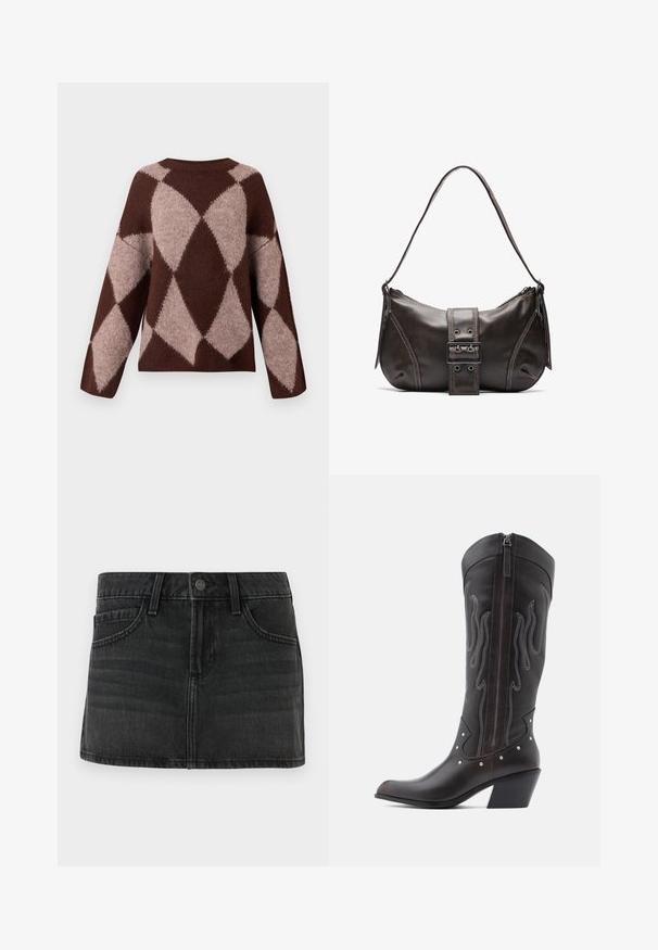 Pull en tricot marron et beige clair avec un motif en losange, présentant des manches longues et un col rond, fabriqué à partir d'un tissu doux et texturé.; Jupe en denim noir au design ajusté, cinq poches et une taille. Elle dispose d'une fermeture à bouton en métal et d'un léger effet délavé.; Bottes de cowboy en cuir marron avec surpiqûres en forme de flammes, fermeture éclair latérale, clous argentés, bout pointu et talon superposé.; Sac à épaule en cuir marron avec une forme courbée, présentant un détail de boucle proéminent, des coutures contrastantes et une seule bandoulière.