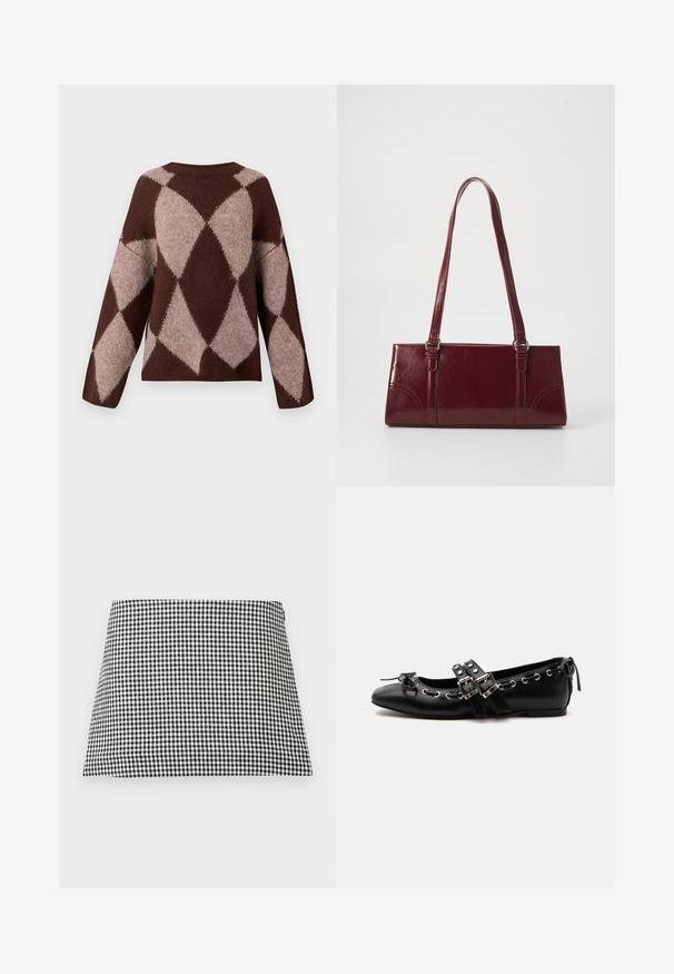 Brun og lys beige strikket sweater med et diamantmønster, der har lange ærmer og en rund halsudskæring, lavet af et blødt, struktureret stof.; Sort og hvid ternet A-formet mininederdel med lynlås i siden på en ensfarvet baggrund.; Sort flad balletsko med dobbelt spænde, sølvøjer og en lille sløjfe nær den runde tå på en hvid baggrund.; Bordeaux håndtaske lavet af glansfuldt materiale, rektangulær form, med to skulderremme og subtile buede detaljer på forsiden.