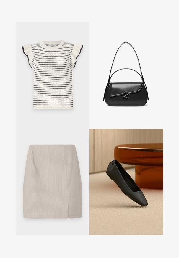 Pull rayé en crème avec des rayures noires, doté de manches courtes à volants et d'un col ras du cou côtelé. Texture douce et coupe ajustée.; Jupe crayon beige avec une texture rayée, une coupe droite et une fente sur le côté pour plus de mouvement. Fabriquée en tissu léger.; Chaussure plate noire à bout pointu reposant sur un tapis beige près d'une table ronde de couleur ambre dans un décor minimaliste.; Sac à bandoulière en cuir noir avec un rabat incurvé fermé par un fermoir métallique rond et une sangle fine et ajustable.