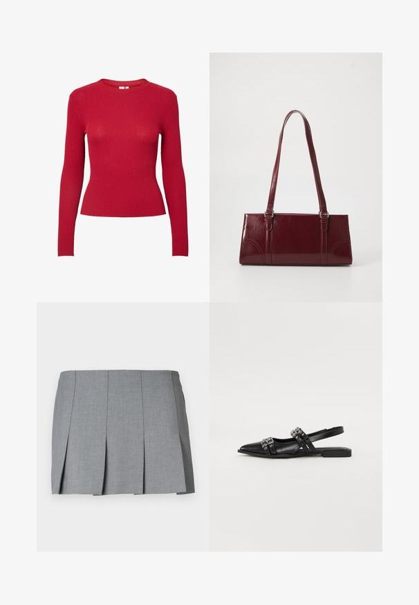 Haut rouge à manches longues avec un col rond et une coupe ajustée. Présente une texture lisse avec des lignes verticales régulières.; Jupe plissée grise avec une texture lisse, un design structuré et une taille ajustée. Fabriquée en tissu léger avec un motif subtile.; Even&Odd by Zalando Ballerines à brides arrière - black; Sac à main bordeaux en matériau brillant, de forme rectangulaire, avec deux anses et des accents légèrement courbés à l'avant.