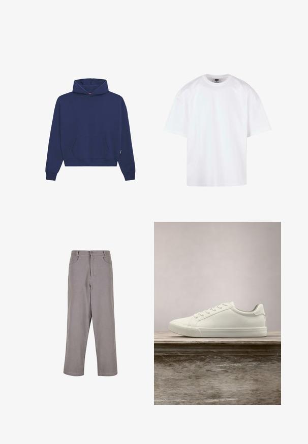 Mørkeblå sweatshirt lavet af fleece materiale, med en front kangaroo lomme, ribbede manchetter og en afslappet pasform med en snor i hætten.; Hvid kortærmet t-shirt med rund hals, lavet af bomuldsmateriale, der har en afslappet pasform og minimale syningsdetaljer.; Grå bomuldsbukser med lige pasform, forlommer og knaplukning. Stoffet ser glat ud med let struktur.; Hvide snørresneakers svævende over en træbænk med grønne planter i baggrunden, der fremhæver skodesign og tekstur.