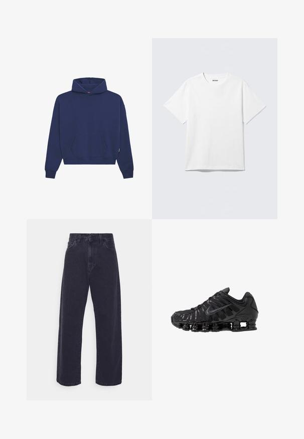 Mørkeblå sweatshirt lavet af fleece materiale, med en front kangaroo lomme, ribbede manchetter og en afslappet pasform med en snor i hætten.; Hvid kortærmet crewneck T-shirt lagt fladt ud, ensfarvet design, med "WEEKDAY" mærkat inde i kraven på en lys baggrund.; Mørk vaske denim jeans med en bred ben silhuet, høj talje og fem-lomme design. Har en klassisk knap- og lynlåslukning.; Sorte atletikskoser lavet af mesh og syntetiske materialer, med et karakteristisk bølget design, sort gummisål og reflekterende detaljer.