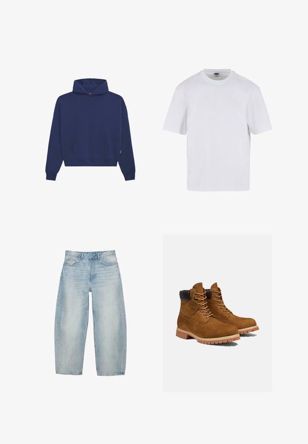 Mørkeblå sweatshirt lavet af fleece materiale, med en front kangaroo lomme, ribbede manchetter og en afslappet pasform med en snor i hætten.; Hvid kortærmet t-shirt lavet af bomuld. Har en rund halsudskæring og en afslappet pasform. Glat tekstur, minimalistisk design, ingen mønstre eller accenter.; Lyseblå jeans med vid benvidde, forlommer, bæltestropper og knaplukning.; Brune ruskinds ankelstøvler med en polstret sort krave, gyldne snørehuller og en tyk gummisål med en mønster, der giver godt greb.