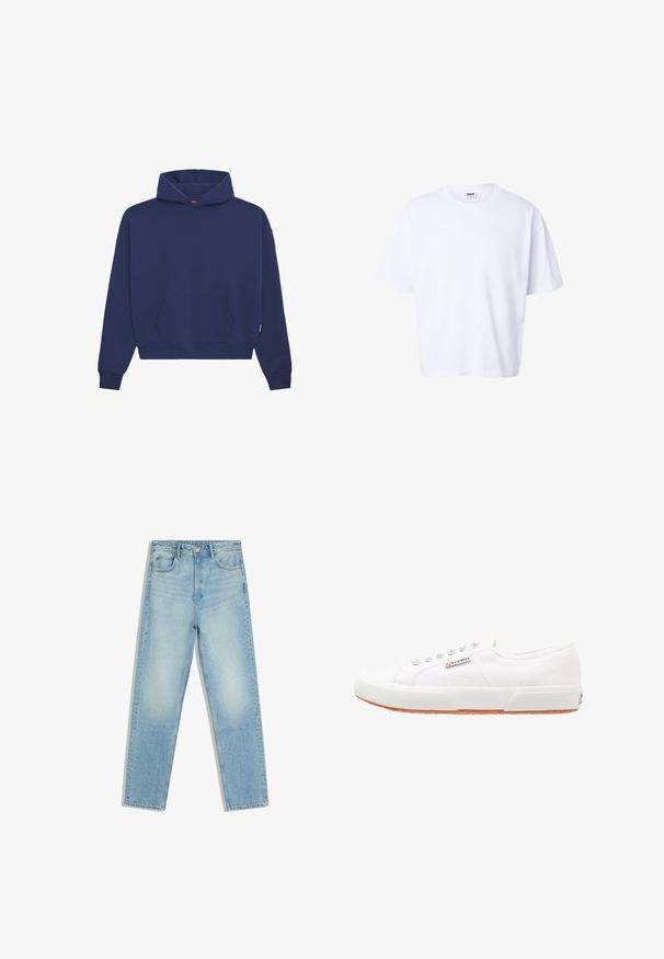 Dunkelblauer Kapuzenpullover aus Fleece, mit einer vorderen Kängurutasche, gerippten Bündchen und einer lockeren Passform mit verstellbarem Kapuzenzug.; Schlichtes weißes Baumwoll-T-Shirt mit kurzen Ärmeln, Rundhalsausschnitt, lockerem Schnitt und Urban Classic Markenetikett im Krageninneren.; Hellblaue Jeans mit hoher Taille und geradem Bein, mit Taschen vorne und hinten sowie Knopfverschluss vor weißem Hintergrund.; Weiße Leinensneaker mit Gummisohle, Schnürdesign und einem kleinen Logolabel an der Seite. Strukturierte weiße Oberseite und braune Außensohle.