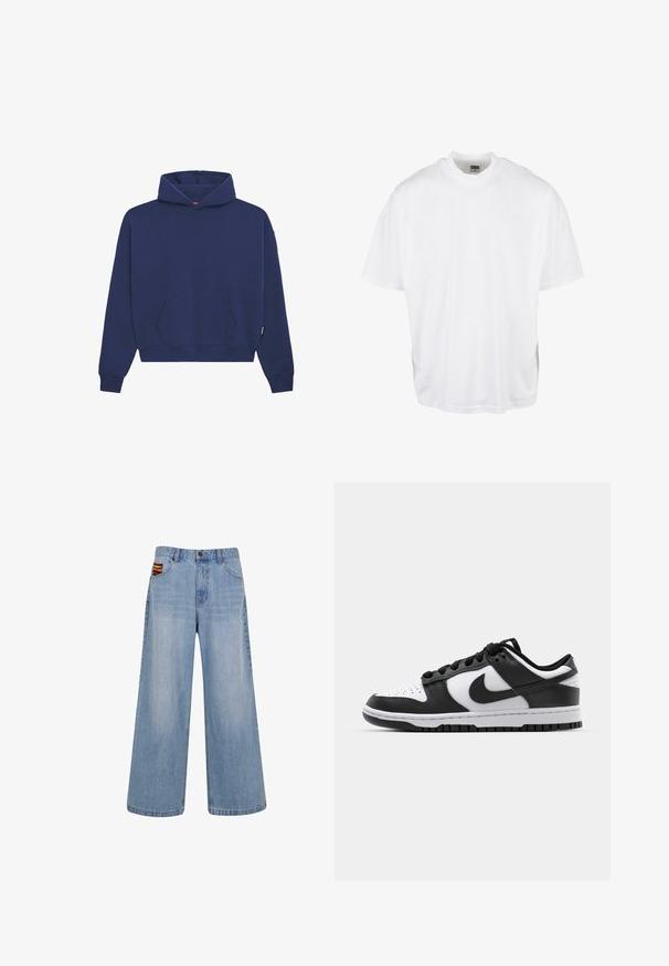 Mørkeblå sweatshirt lavet af fleece materiale, med en front kangaroo lomme, ribbede manchetter og en afslappet pasform med en snor i hætten.; Hvid bomulds T-shirt med en afslappet pasform, korte ærmer og rund halsudskæring, med en lige kant og ingen synlige grafikker eller mønstre.; Lyseblå vide jeans med høj talje og en lille farverig vævet detalje, der stikker frem fra den højre forlommer.; Sort og hvid Nike Dunk sneakers med læderoverdel, perforeret tå, sorte snørebånd og en sort gummisål med slidbanedesign.