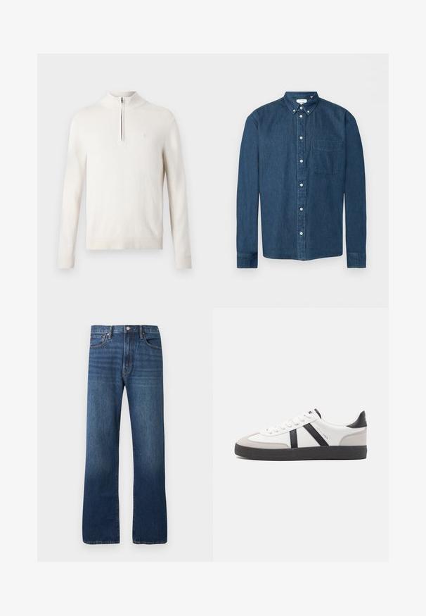 Pull-over beige clair avec col zippé, poignets et ourlet côtelés, fabriqué en tissu doux, comportant un petit logo sur la poitrine.; Chemise en denim bleu foncé boutonnée, manches longues, une poche avant à gauche et un col boutonné, présentée sur fond blanc.; Jean en denim bleu droit avec un design classique cinq poches et une fermeture par bouton sur un fond clair uni.; Baskets blanches avec des accents noirs et gris, présentant un embout texturé gris, une semelle en caoutchouc noir et des lacets plats blancs. Design épuré, style minimaliste.