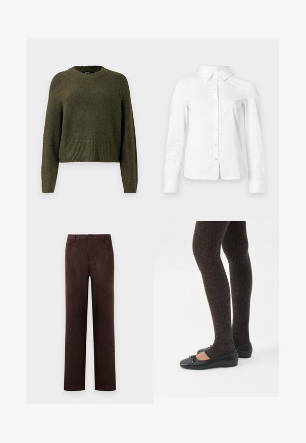 Olivengrøn strikket sweater med rund halsudskæring, ribbet kant og lange ærmer med en afslappet pasform. Fremstillet af blødt tekstureret stof.; Hvid skjorte med lange ærmer, knapper, spids krave, lige kant og tætsiddende silhuet, vist på en ensartet lys baggrund.; Mørkebrun suedebukser med lige ben, frontknap og lynlås, bæltesløjfer og sidelommer.; Ben iført mørke ribbede leggings kombineret med sorte balletsko med små sløjfedetaljer på hvid baggrund.