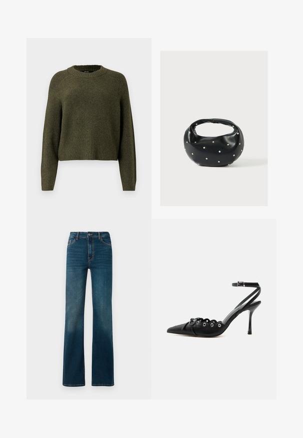 Olivengrøn strikket sweater med rund halsudskæring, ribbet kant og lange ærmer med en afslappet pasform. Fremstillet af blødt tekstureret stof.; Mørkeblå, højtaljede jeans med lige ben. Lavet af denim, med kontrastsyninger og et klassisk fem-lomme design.; Sort spids hæl med bølgede kanter, metaløjer, snørelukning foran og ankelrem med spænde.; Sort læderhåndtaske med en rundet form, dekoreret med sølvnitter, og et kort håndtag. Glat tekstur og lynlåslukning.