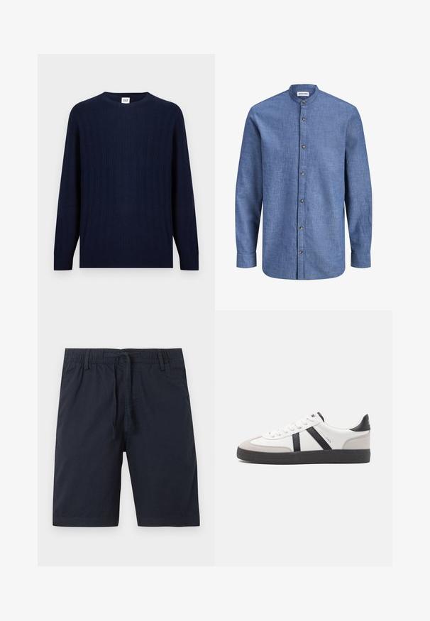 Pull à manches longues en maille côtelée bleu marine avec col rond, présentant des motifs discrets en torsades verticales ainsi que des poignets et un ourlet côtelés.; Chemise en lin bleue à manches longues avec un col mao et des boutons marron sur le devant, présentée sur un fond blanc.; Shorts en coton bleu marine avec taille élastique, fermeture à boutons, cordon de serrage, passants de ceinture et poches latérales.; Baskets blanches avec des accents noirs et gris, présentant un embout texturé gris, une semelle en caoutchouc noir et des lacets plats blancs. Design épuré, style minimaliste.