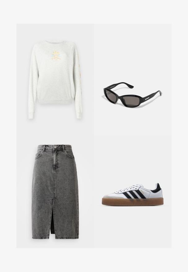 Lys grå sweatshirt med ribbede manchetter og kant. Har et solgrafik i gul og blå på forsiden og farverig tekst på ærmet.; Højtaljet, falmet sort denim midi-nederdel med en frontslids, bæltesløjfer og klassisk fem-lomme design.; Hvide lædersneakers med sorte striber, gummirubber sål, rund tå, snørelukning og blød grå ruskinds tåhætte.; Sorte solbriller med rektangulært stel, mørke linser, glat plastmateriale og en metalaccent på templet.