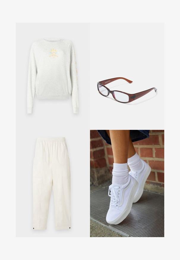 Helehall sweatshirt, millel on soonikkoes ja hem. Ees on kollane ja sinine päikese graafika ning varrukal värvilised tekstid.; Kreemjas värvuses, vabalt langevad püksid elastse vöökoha, küljetaskute ja nööbiegadega hemmi juures. Valmistatud siledast kangast.; Valged kanvas tennisikud kummitaldadega, kuue silmaga, ümmarguse varbaga ja kergete tikandite detailidega, koos valgete pahkluusokkidega.; Pruunide toonidega ristkülikukujulised prillid, millel on läikiv viimistlus, peeneid oksi ja läbipaistvad läätsed. Logo on nähtav vasakul templi osal.