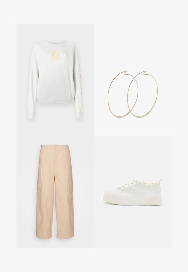 Lys grå sweatshirt med ribbede manchetter og kant. Har et solgrafik i gul og blå på forsiden og farverig tekst på ærmet.; Beige cargo bukser med en afslappet pasform, der har to sidelommer og en simpel knaplukning foran, lavet af glat, letvægtsstof.; Hvide kanvas sneakers med en struktureret, kraftig sål, der har flade snørebånd, sidelaner og en hælflap for nemt at tage dem på.; Pilgrim Øreringe - gold-coloured