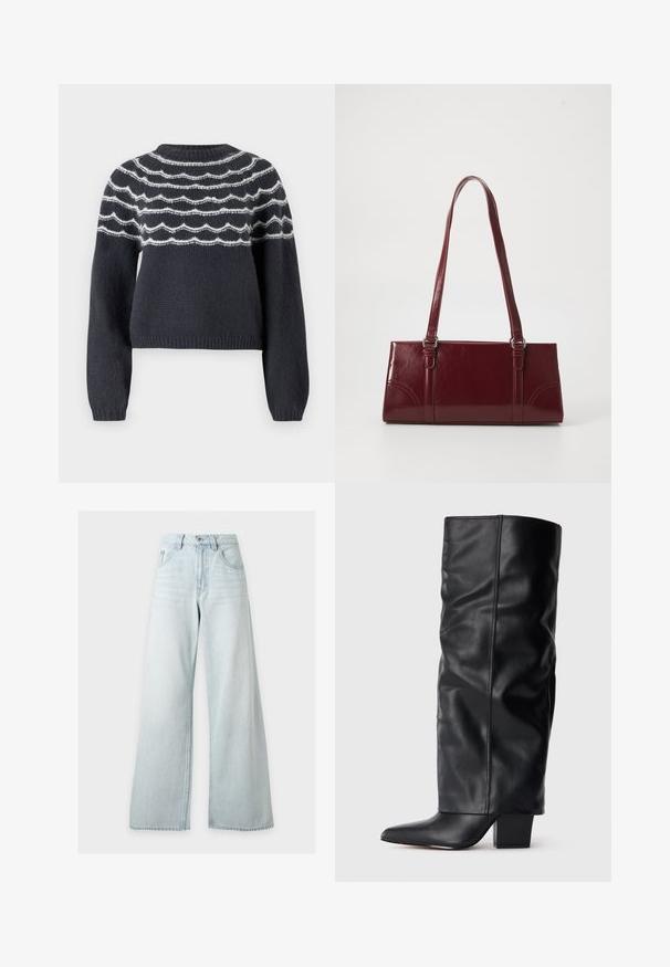 Mørkegrå striktrøje med rund hals, prydet med hvide bølgede linjer henover brystet. Lange ærmer og ribkant fuldender designet.; Lyseblå højhåndede vidde jeans med forreste knap og lynlås, forlommer og bæltestropper på hvid baggrund.; Sorte læderknæhøje støvler med et slouchy design, spidse tå og en kraftig firkantet hæl. Glat tekstur med minimale syningsdetaljer.; Bordeaux håndtaske lavet af glansfuldt materiale, rektangulær form, med to skulderremme og subtile buede detaljer på forsiden.