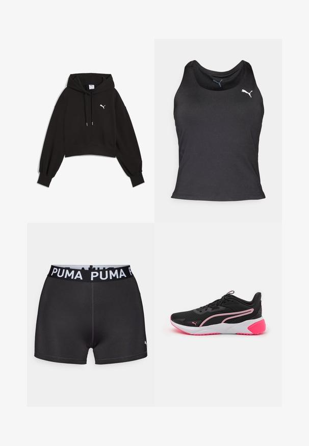 Sort cropped hoodie lavet af sweatshirtstof. Har en justerbar hætte, brede ærmer og et hvidt Puma-logo på brystet.; Sort atletisk tanktop, ærmeløs design, glat stof, rund udskæring, har et lille hvidt Puma-logo på venstre brystområde.; Sorte atletiske shorts lavet af strækbart materiale med en bred sort talje, der har hvid "PUMA" branding. Glat overflade, tætsiddende design.; Sorte sportsko med mesh-overdel, pink detaljer, hvid mellemsål og karakteristisk logo. Har et let design og struktureret sål.